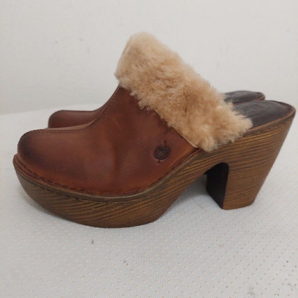 Born Y2K‎ 90’s Brown Leather Shearling Trim Mules Heels Chunky Platform Size 7M